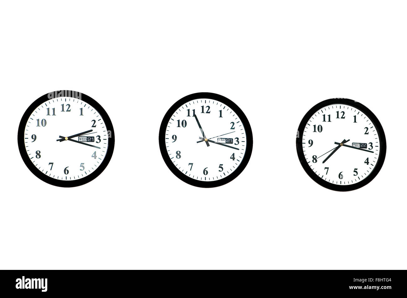 Row of clocks isolated on the white Stock Photo