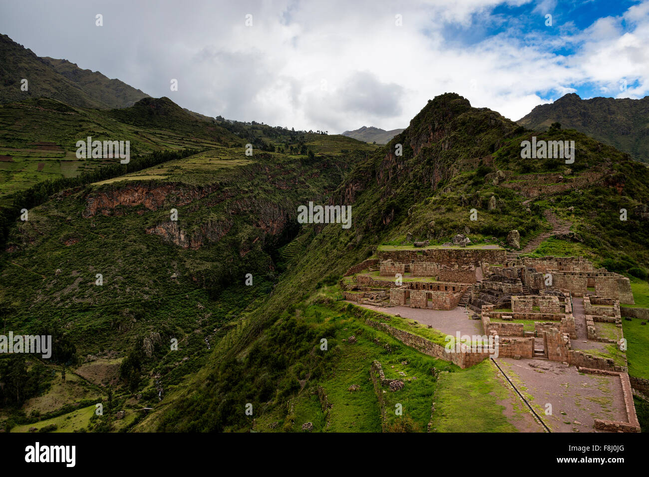 View of Inca Ruins near the town of Pisac in the Sacred Valley, Peru Stock Photo