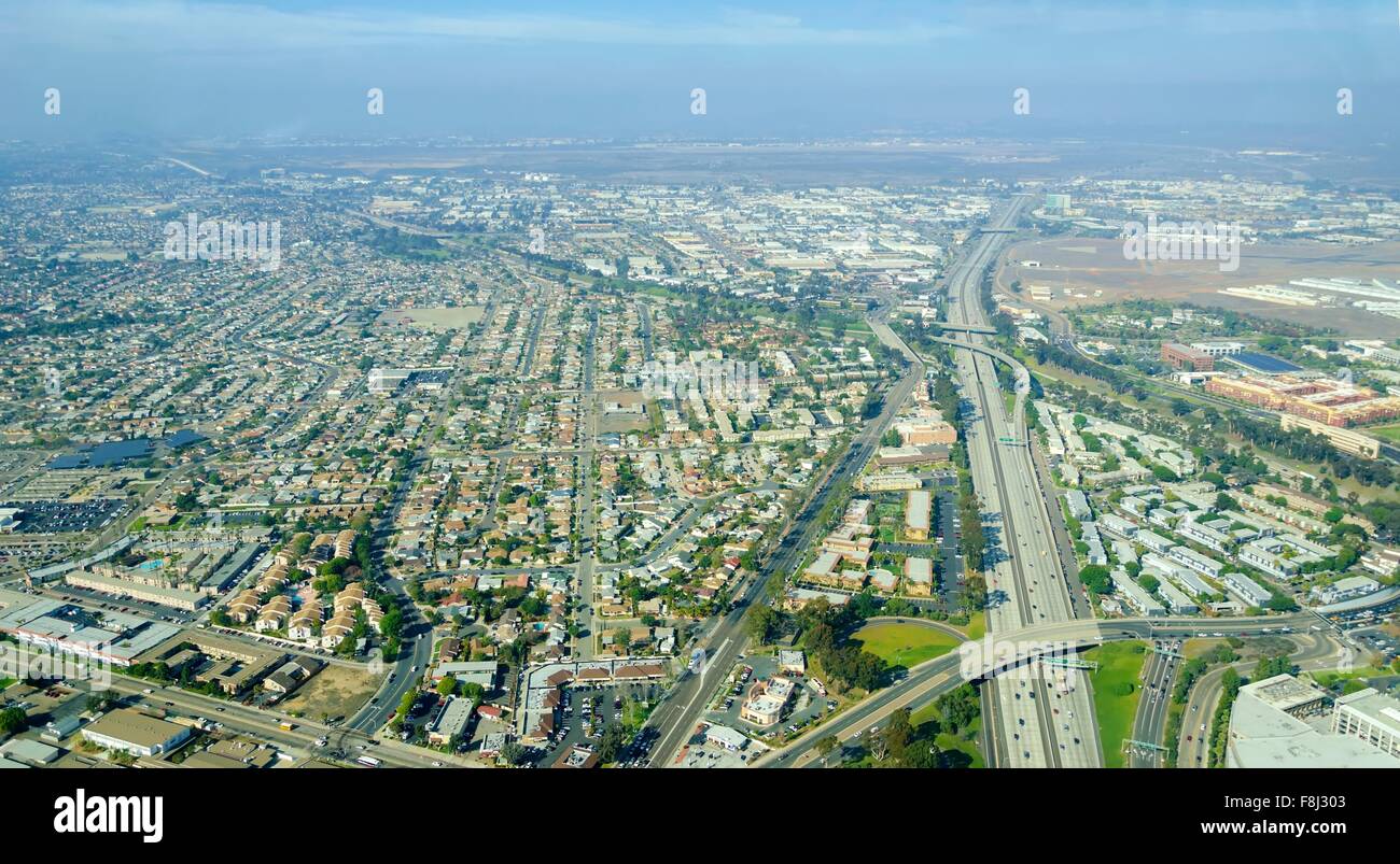 Aerial view of Midway District neighborhood and San Diego International Airport (Lindbergh Field), in Southern California, Unite Stock Photo