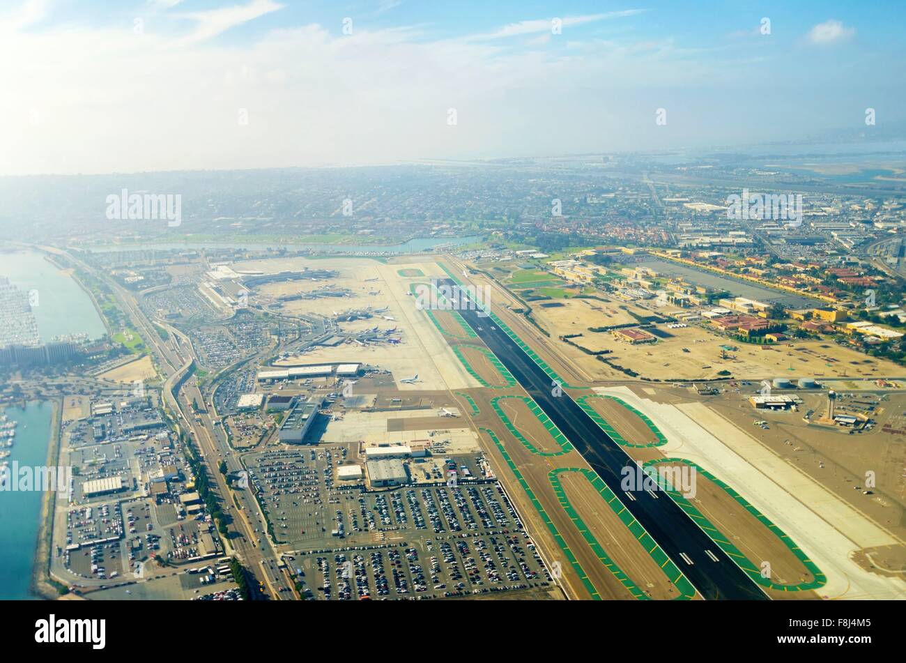 Aerial view of the San Diego International Airport, river and pacific