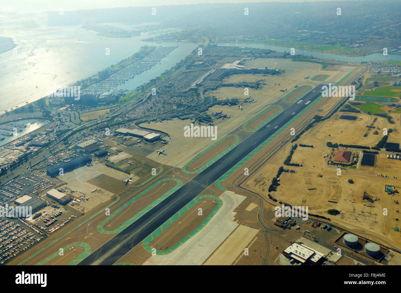 Aerial view of the San Diego International Airport, river and pacific
