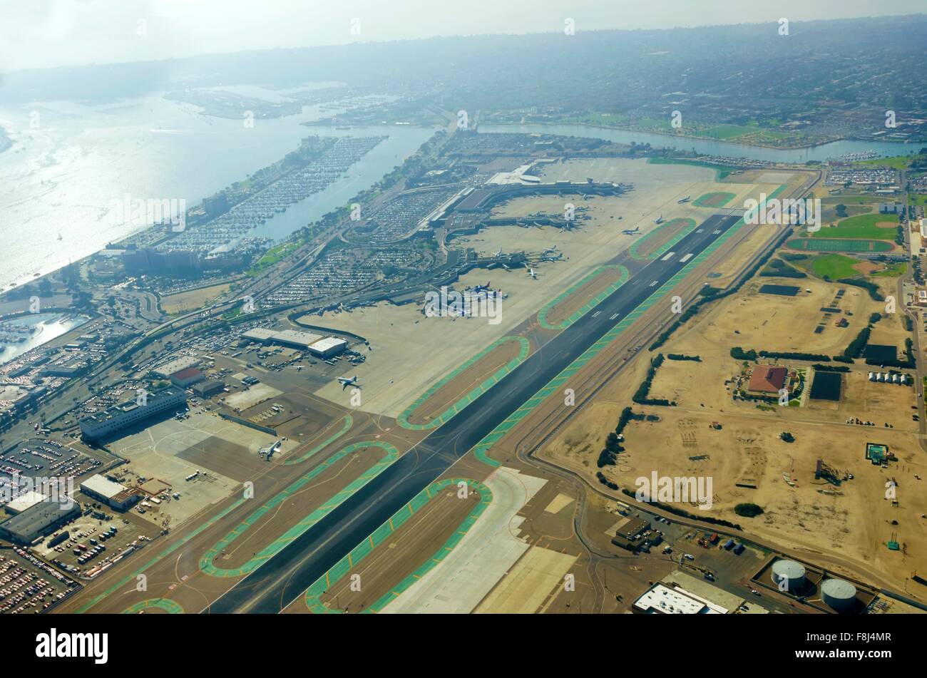 Aerial view of the San Diego International Airport, river and pacific