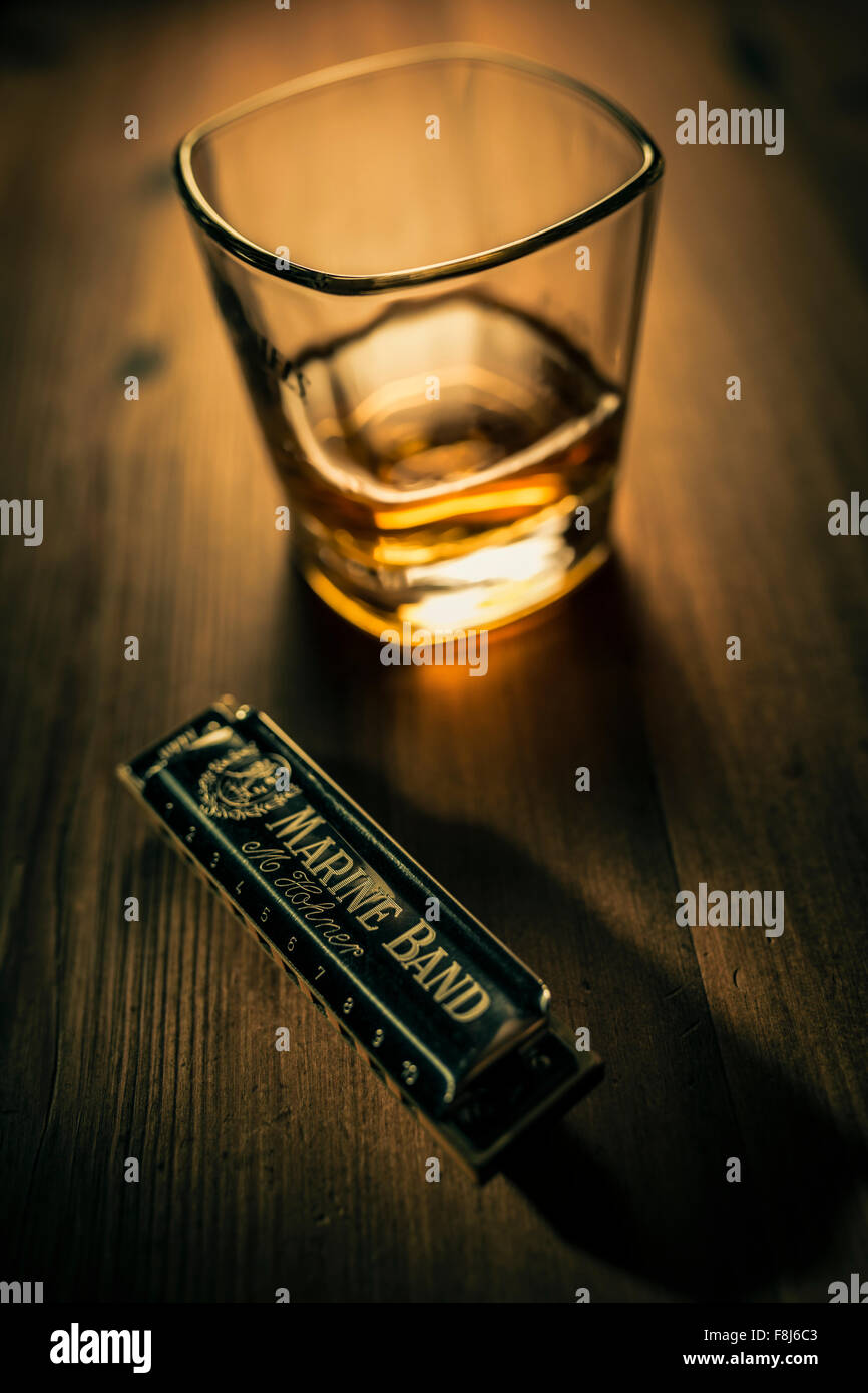 Bourbon whiskey and blues harmonica. Stock Photo