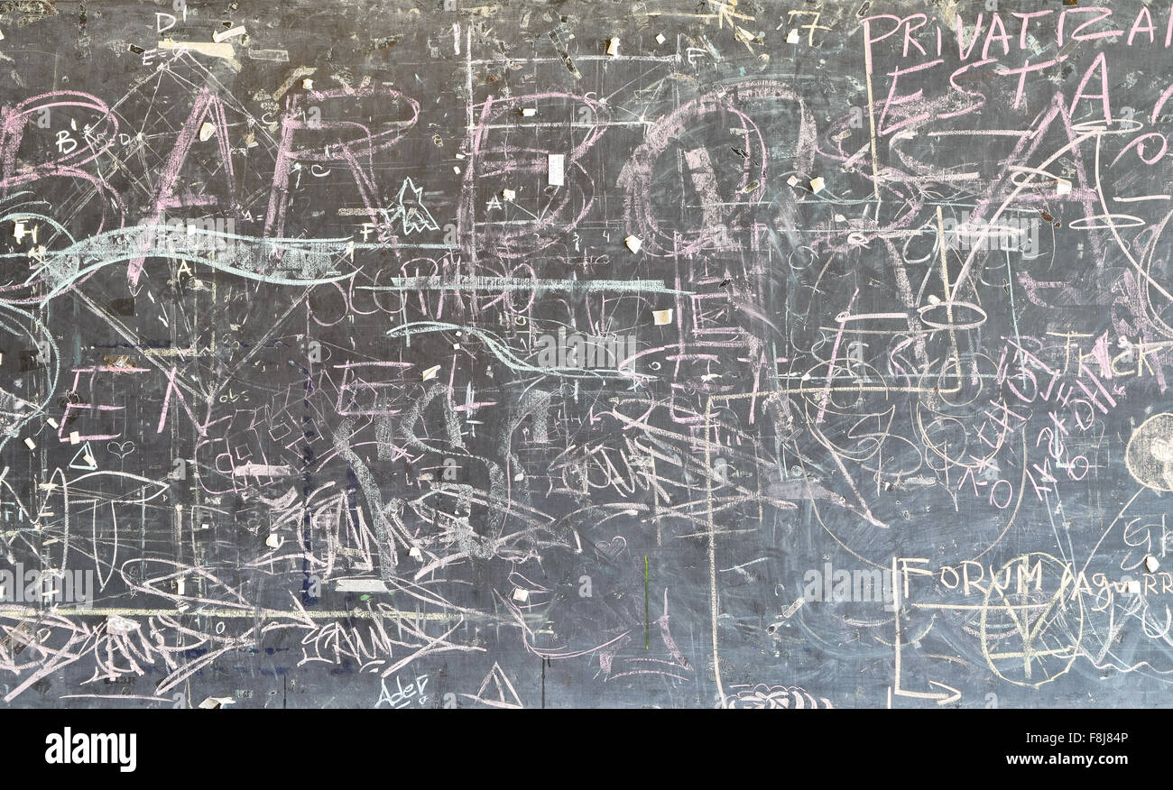 Doodles on blackboard from art school. Creative and messy drawing on a chalkboard. Stock Photo