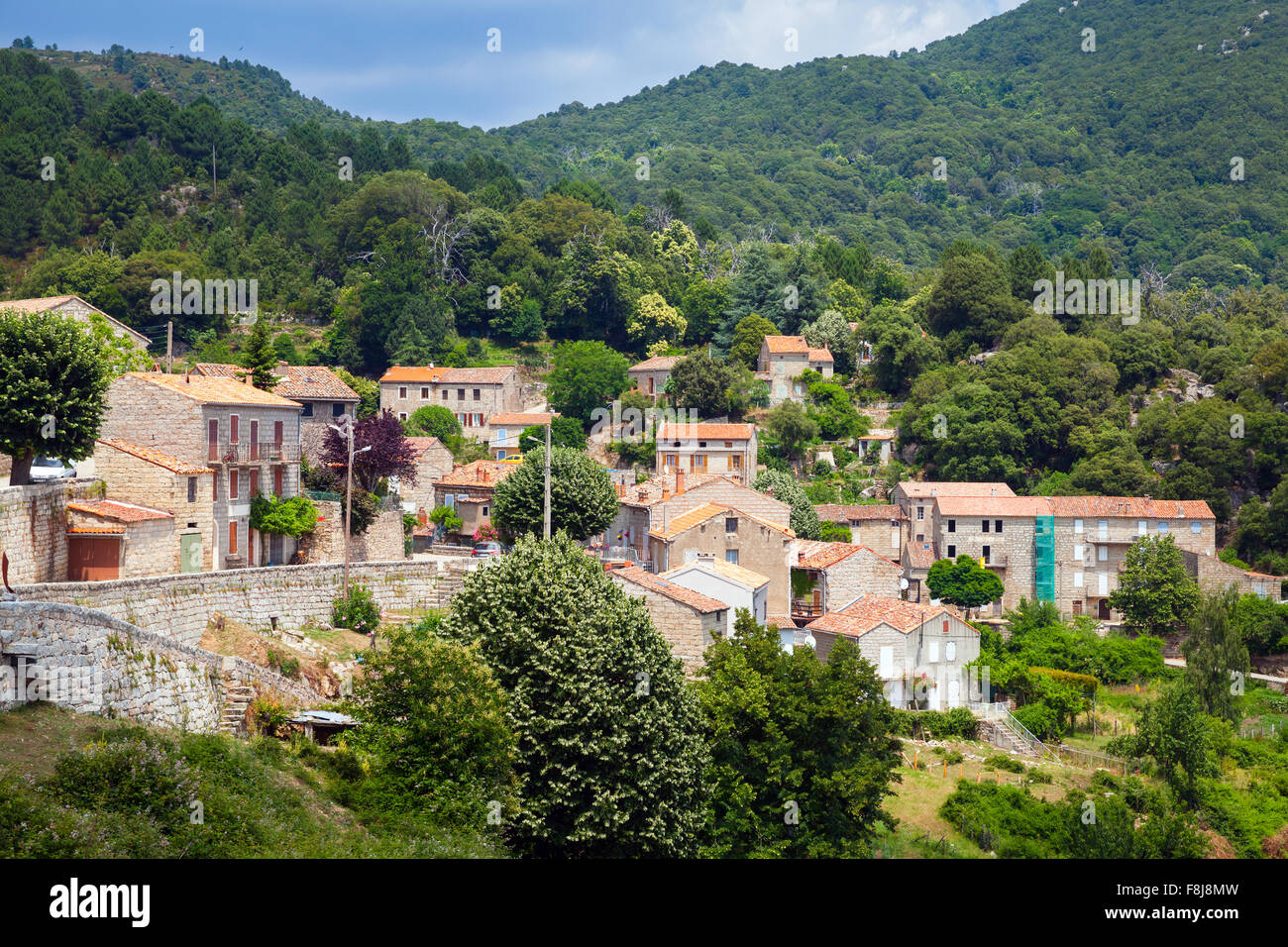 Vangone, small Corsican village landscape. Old living houses in mountains Stock Photo