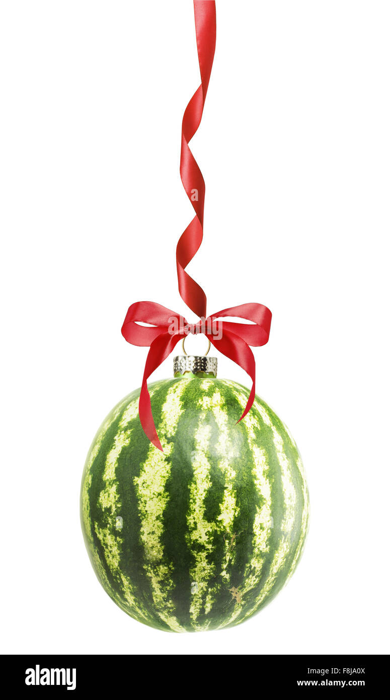 Christmas ball in shape of watermelon isolated on the white background. Stock Photo