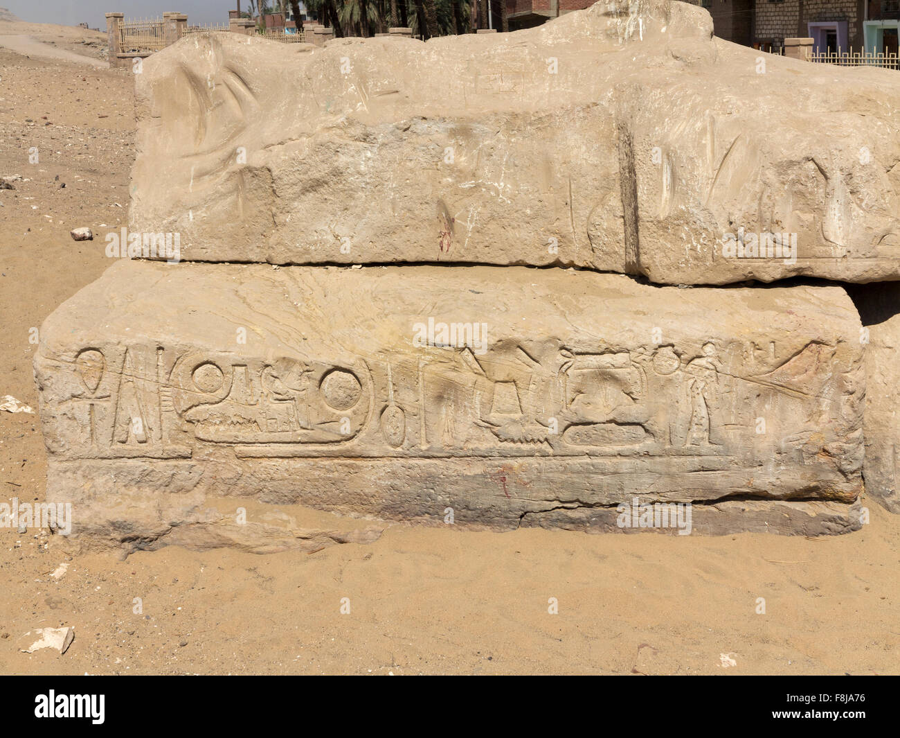 Blocks in sand at The Temple of Ramesses II close to the Temple of Seti I at Abydos, Egypt Stock Photo