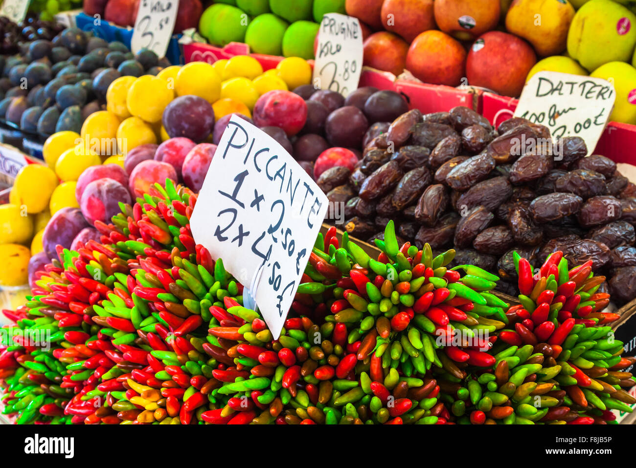 Colorful groceries marketplace in Venice, Italy. Outdoor market stall