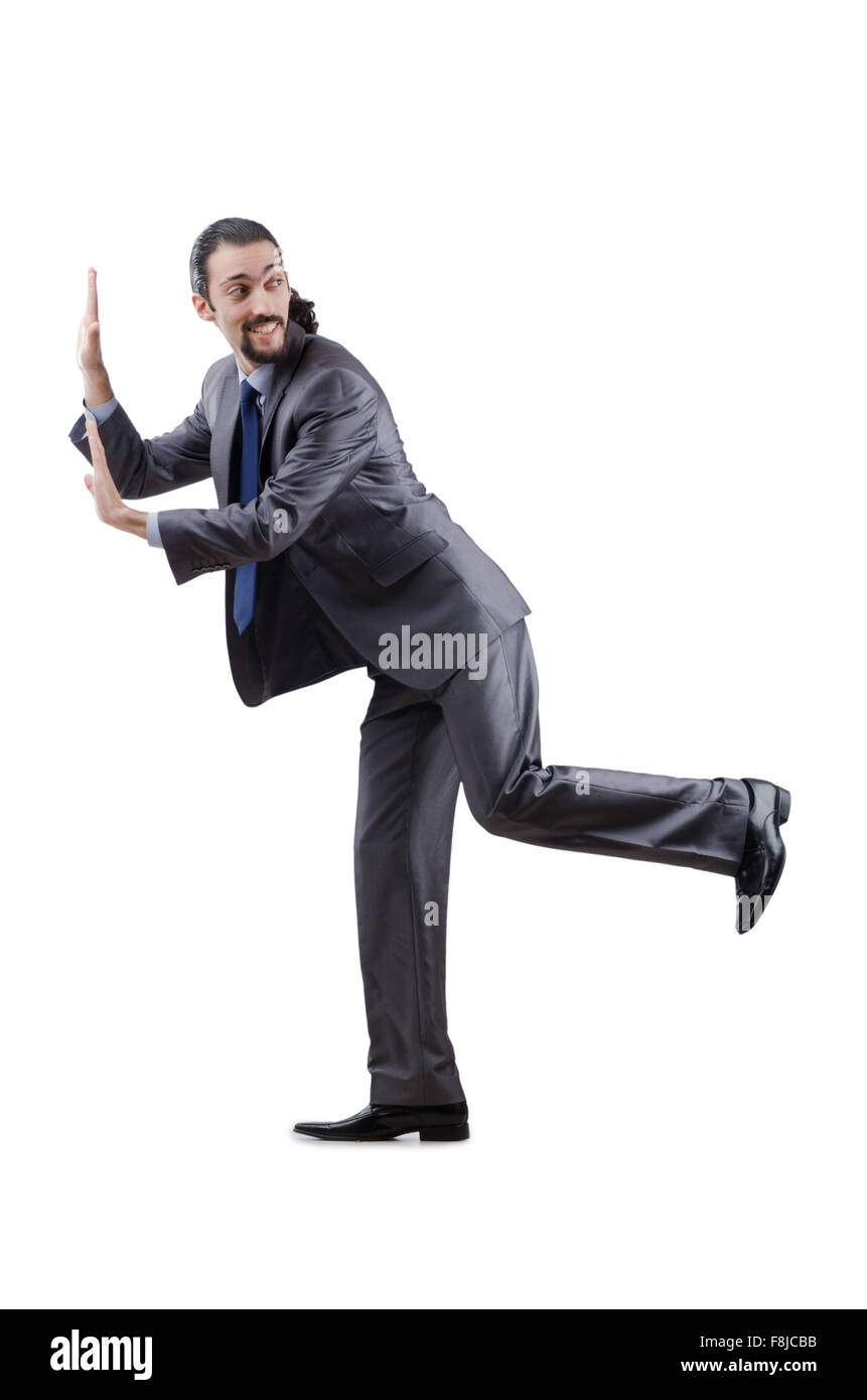 Businessman pushing away virtual obstacles Stock Photo - Alamy