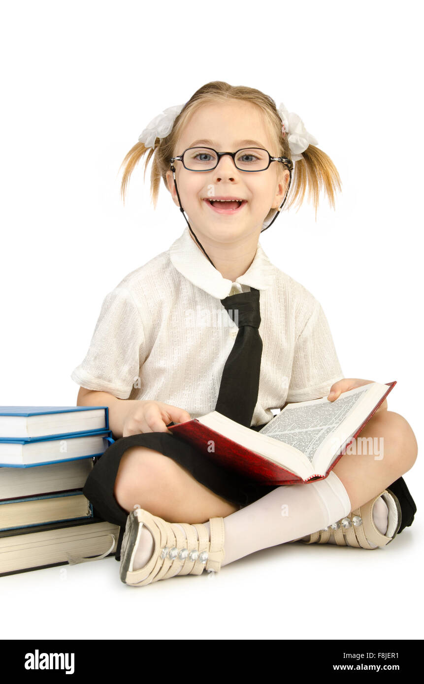 Little girl with books on white Stock Photo - Alamy