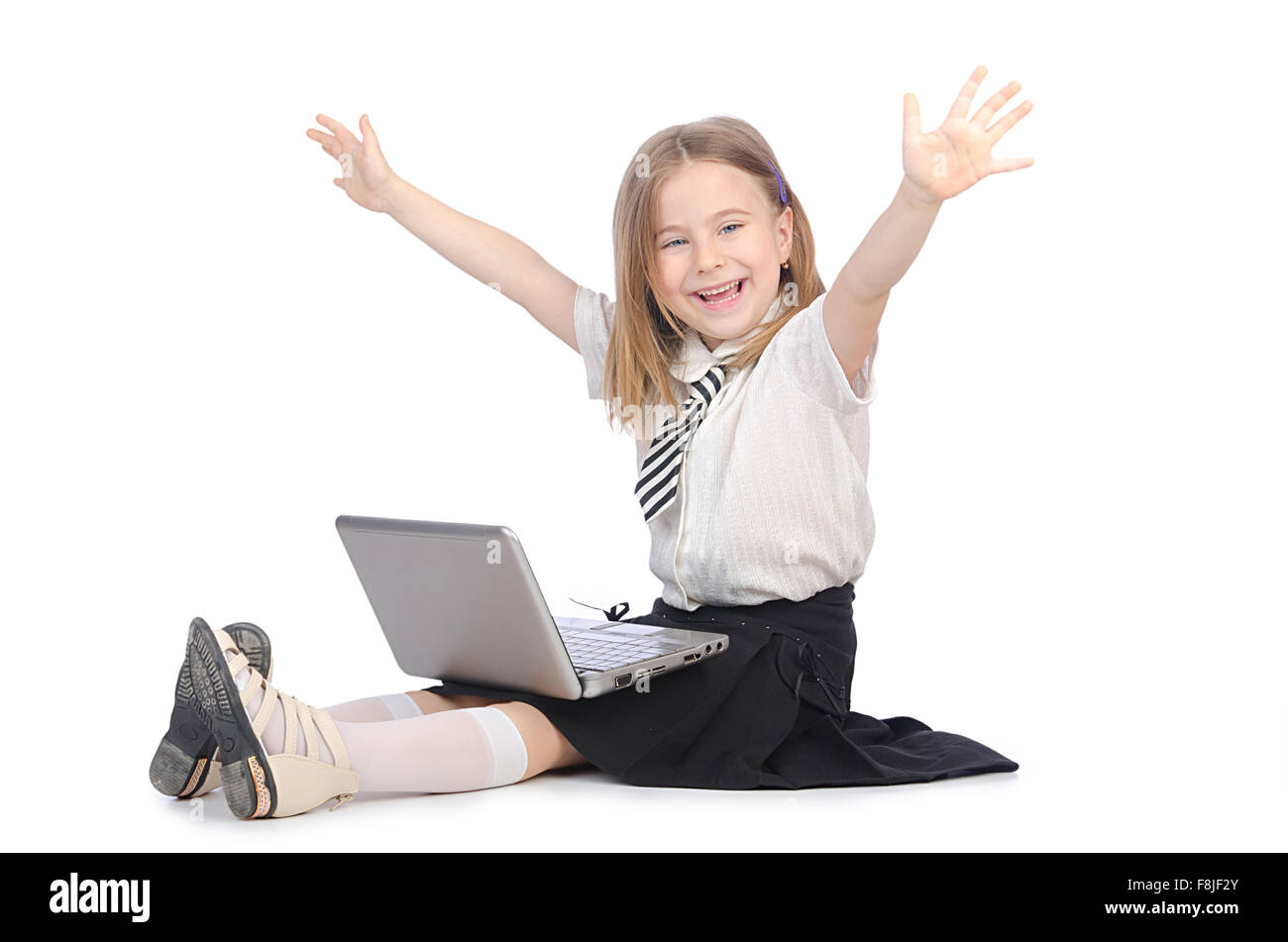 Cute girl with laptop on white Stock Photo - Alamy