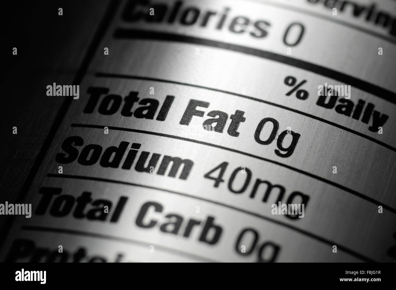 Nutrition ingredients label on a silver aluminum diet soda pop can