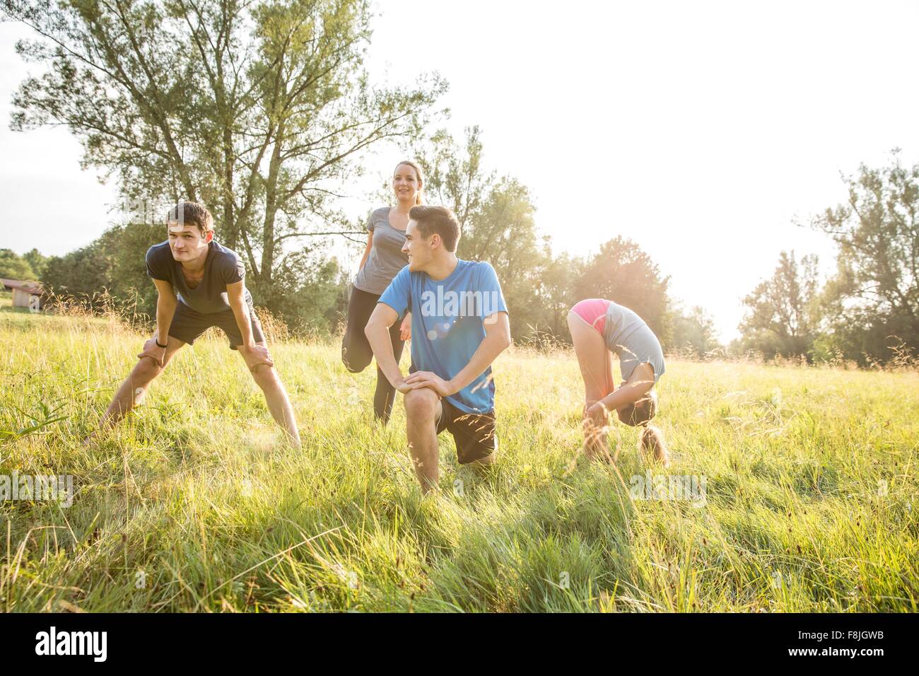 Group of friends exercising in field Stock Photo