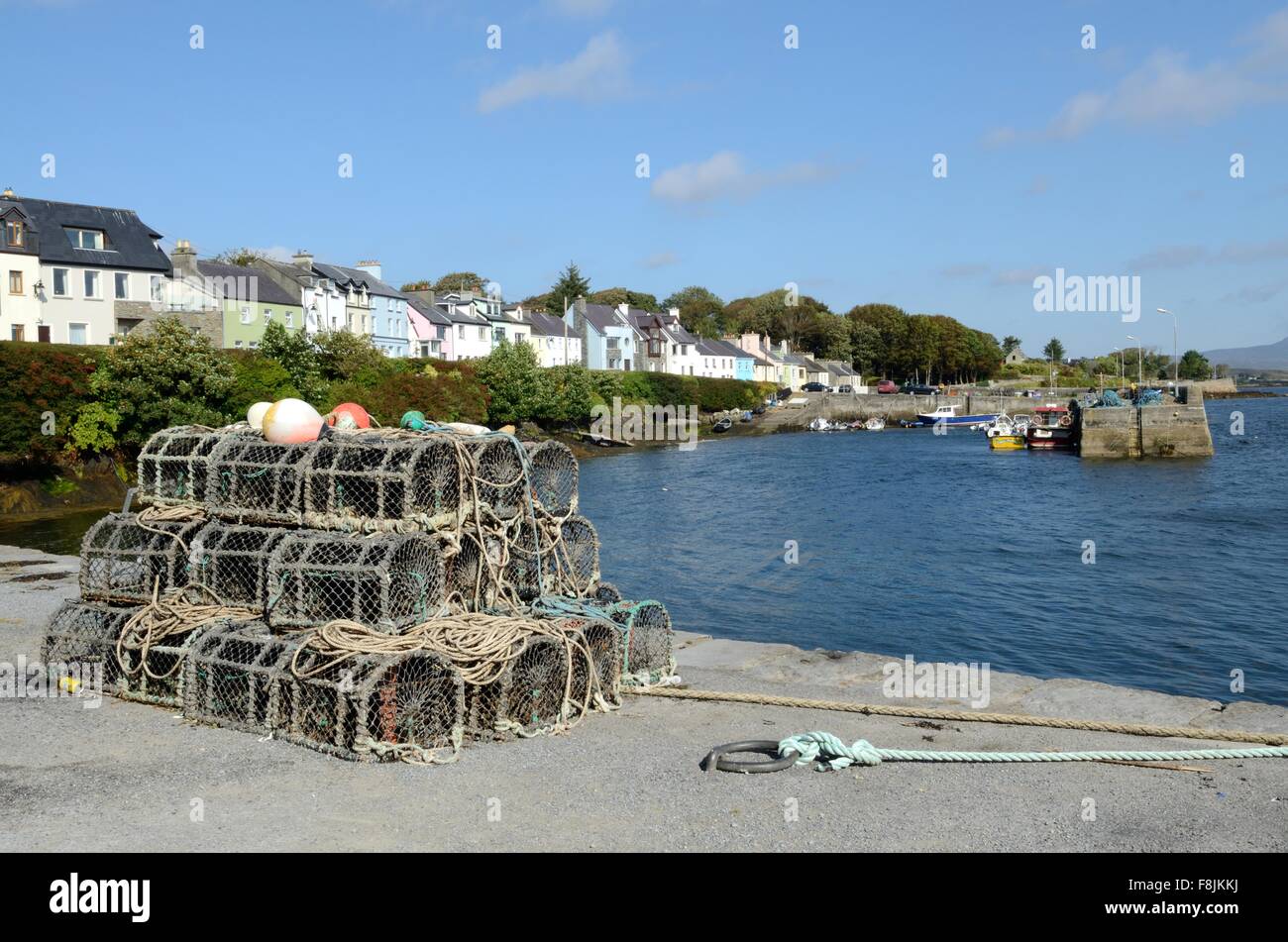 Lobster pots on the jetty of Roundstone harbour Connemara county Galway