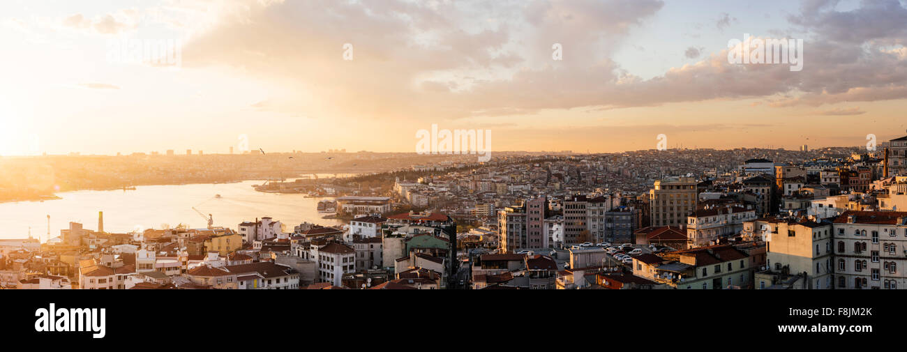 View over Istanbul skyline from The Galata Tower at sunset, Beyoğlu, Istanbul, Turkey Stock Photo