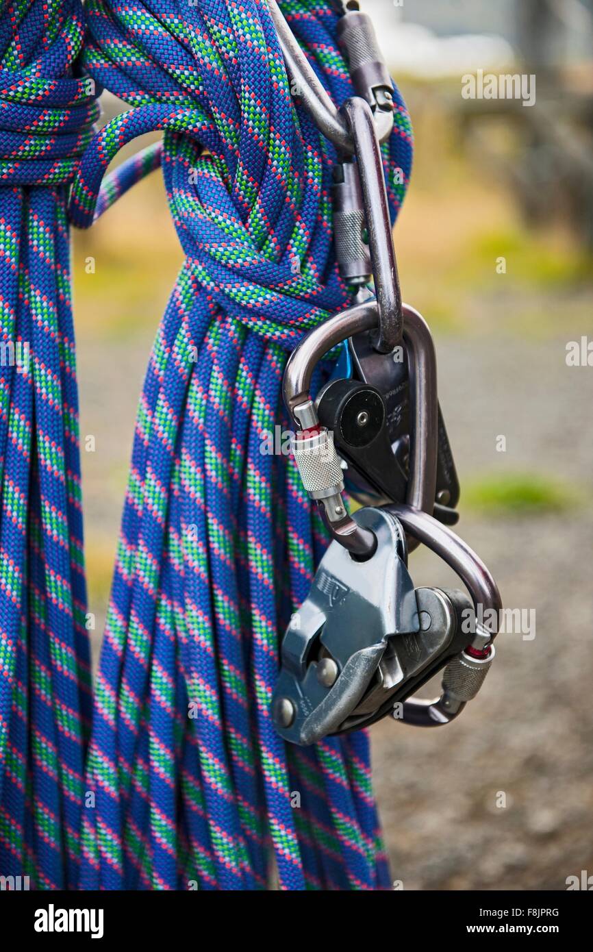 Rope and belay device at high rope access course, Iceland Stock Photo ...