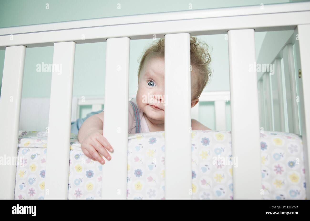 Portrait of baby girl looking through bars on cot Stock Photo Alamy