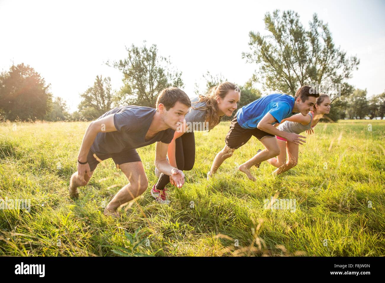 Group of friends running, racing, in field Stock Photo - Alamy