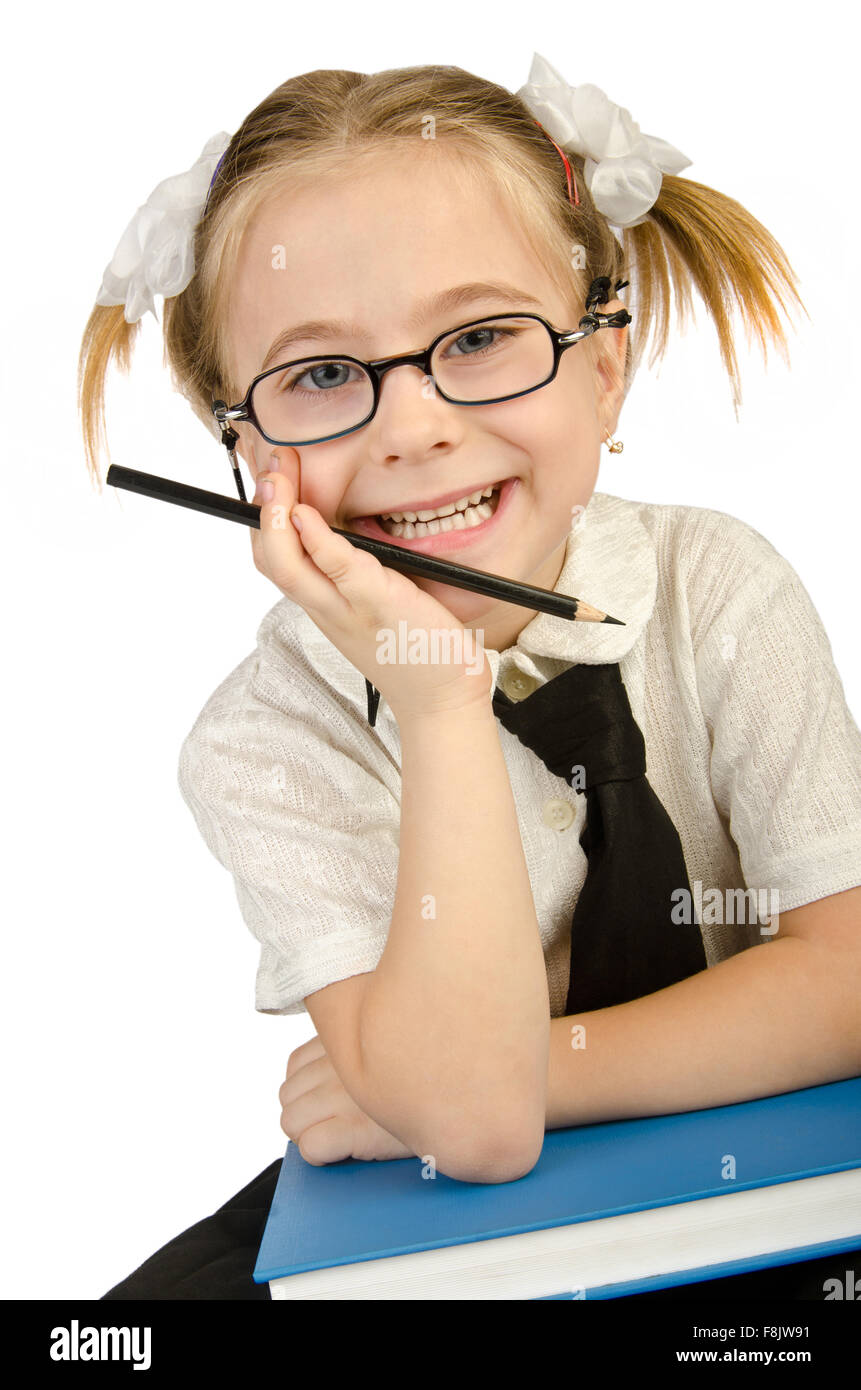 Little girl with books on white Stock Photo - Alamy