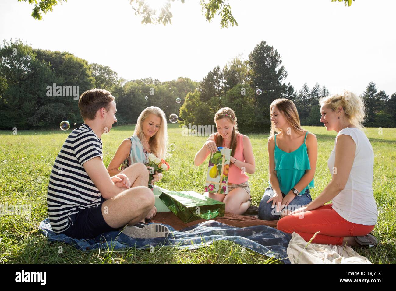 Family sitting on picnic blanket in park giving mature woman flowers and gifts smiling Stock Photo