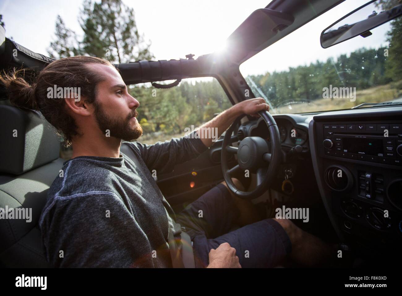 Young man driving jeep on road trip, Lake Tahoe, Nevada, USA Stock Photo