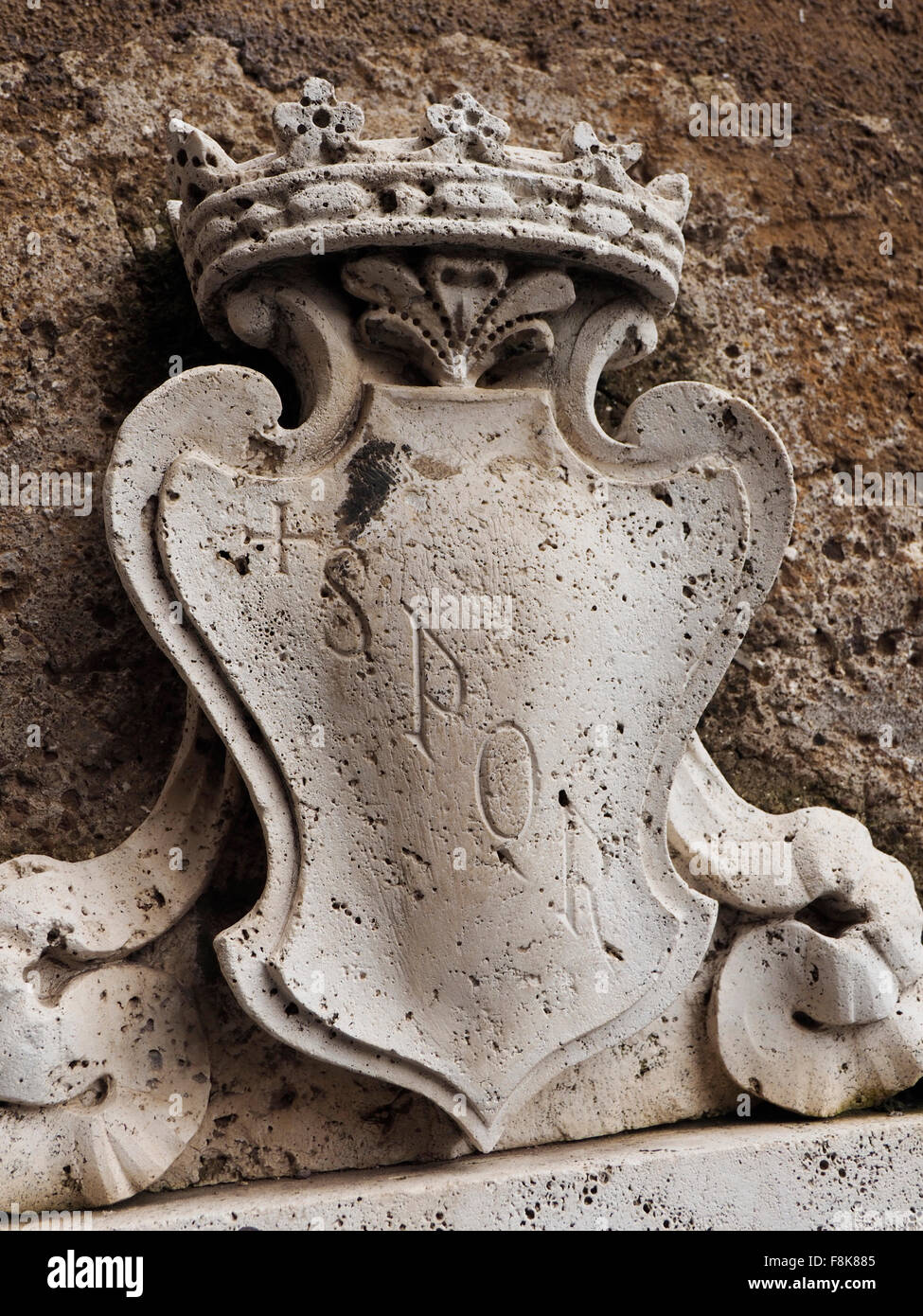 Stone shield with SPQR inscription, Campidoglio, Rome, Italy Stock Photo
