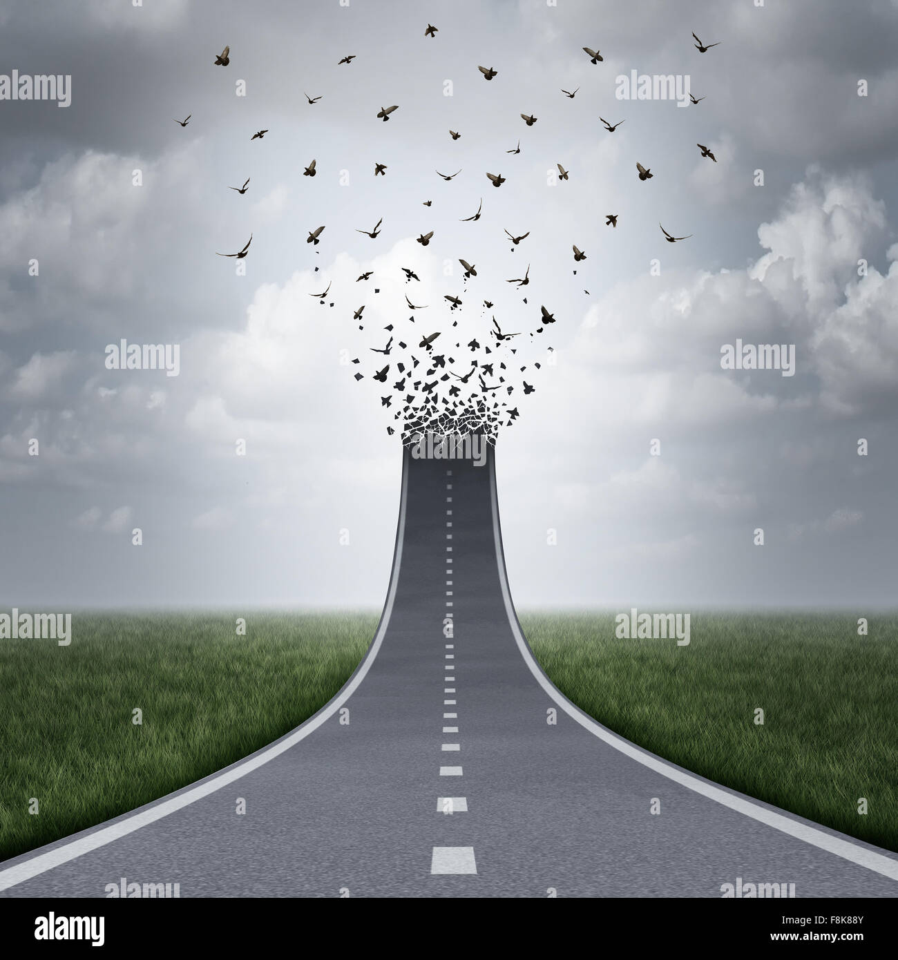 Driving freedom concept as a road or highway going up and transforming into flying birds as a business metaphor for success or life motivation as a path to liberty or heaven. Stock Photo
