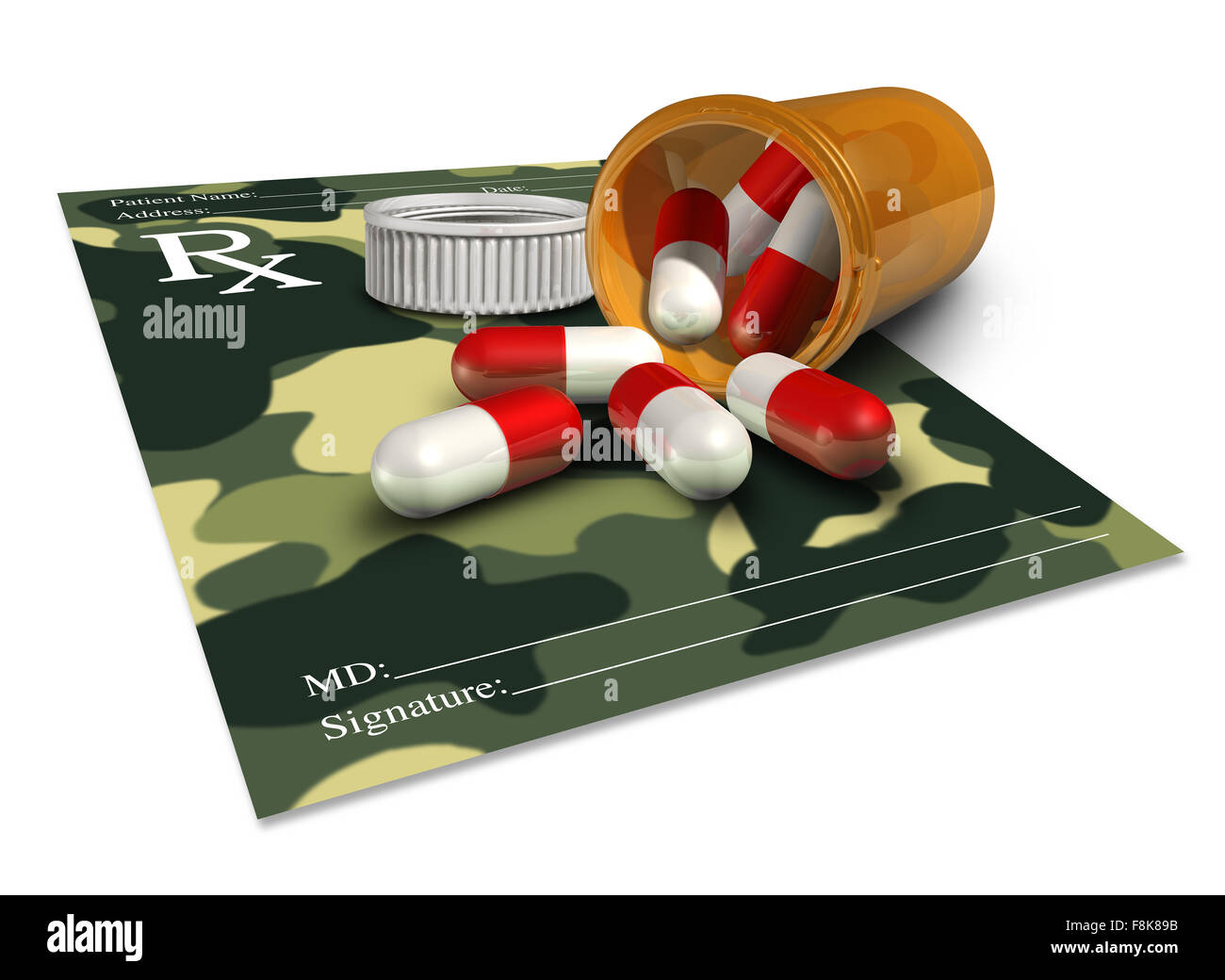 Military medicine concept as a doctor prescription with a camouflage pattern for veteran soldier therapy or an icon for pharmaceuticals in the armed forces. Stock Photo