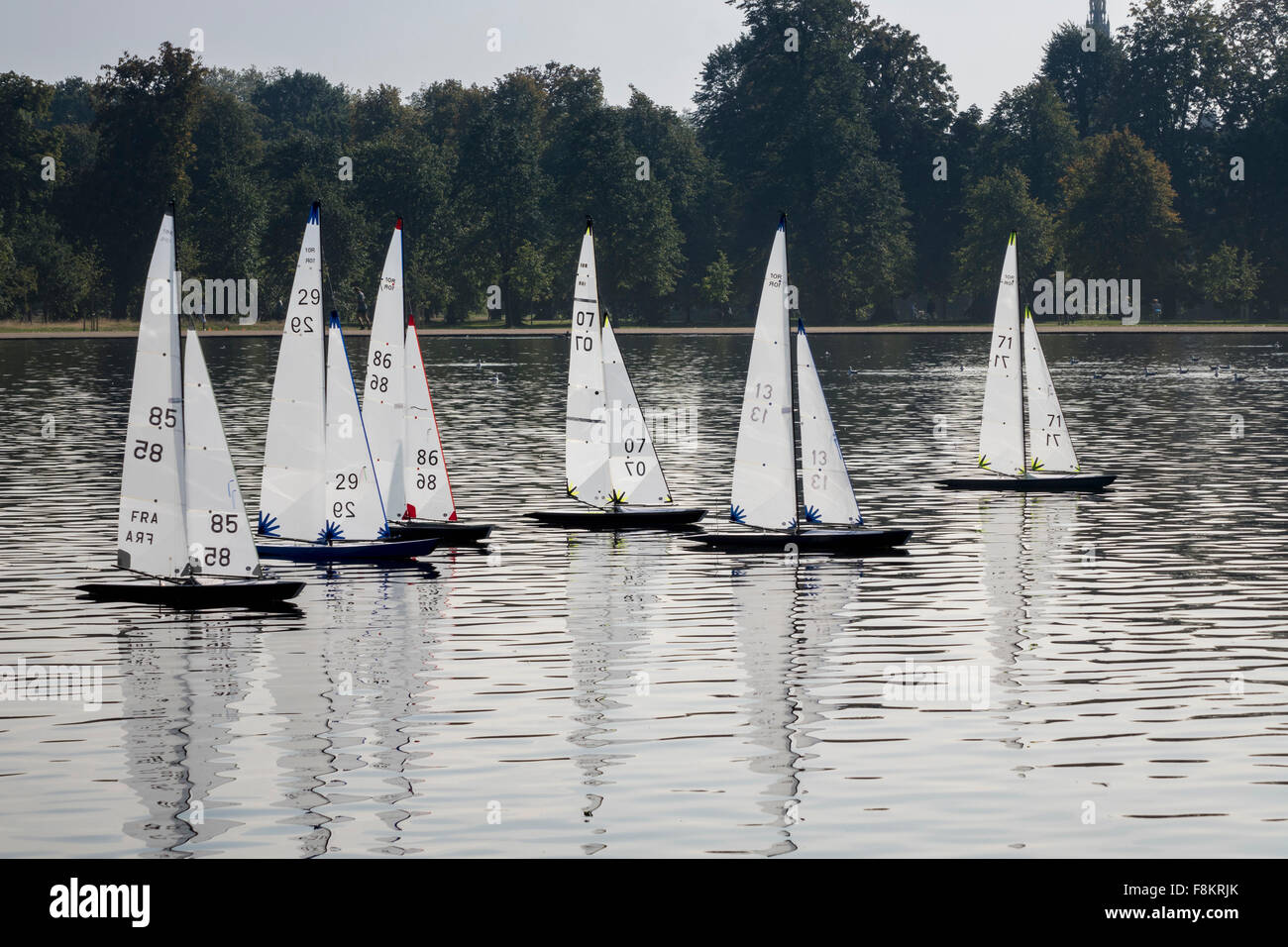 Model yachts or boats race across Round Pond in Kensington Gardens, London, England Stock Photo