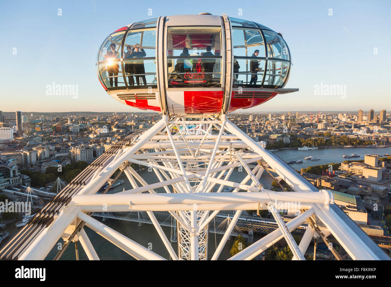 London Aerial of the City from London Eye in Westminster, London, England, UK with people in a capsule on the London Eye Stock Photo