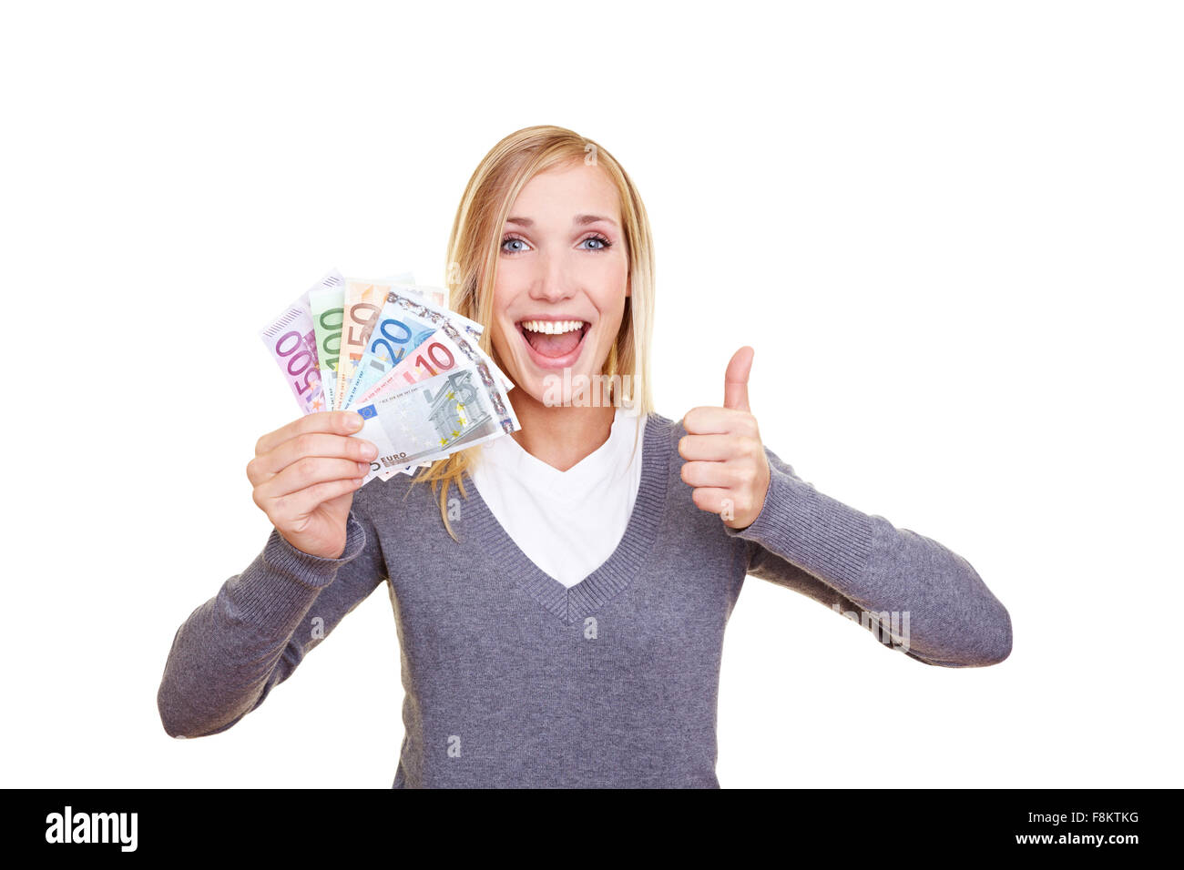 Young happy woman holding Euro money fan and her thumb up Stock Photo ...