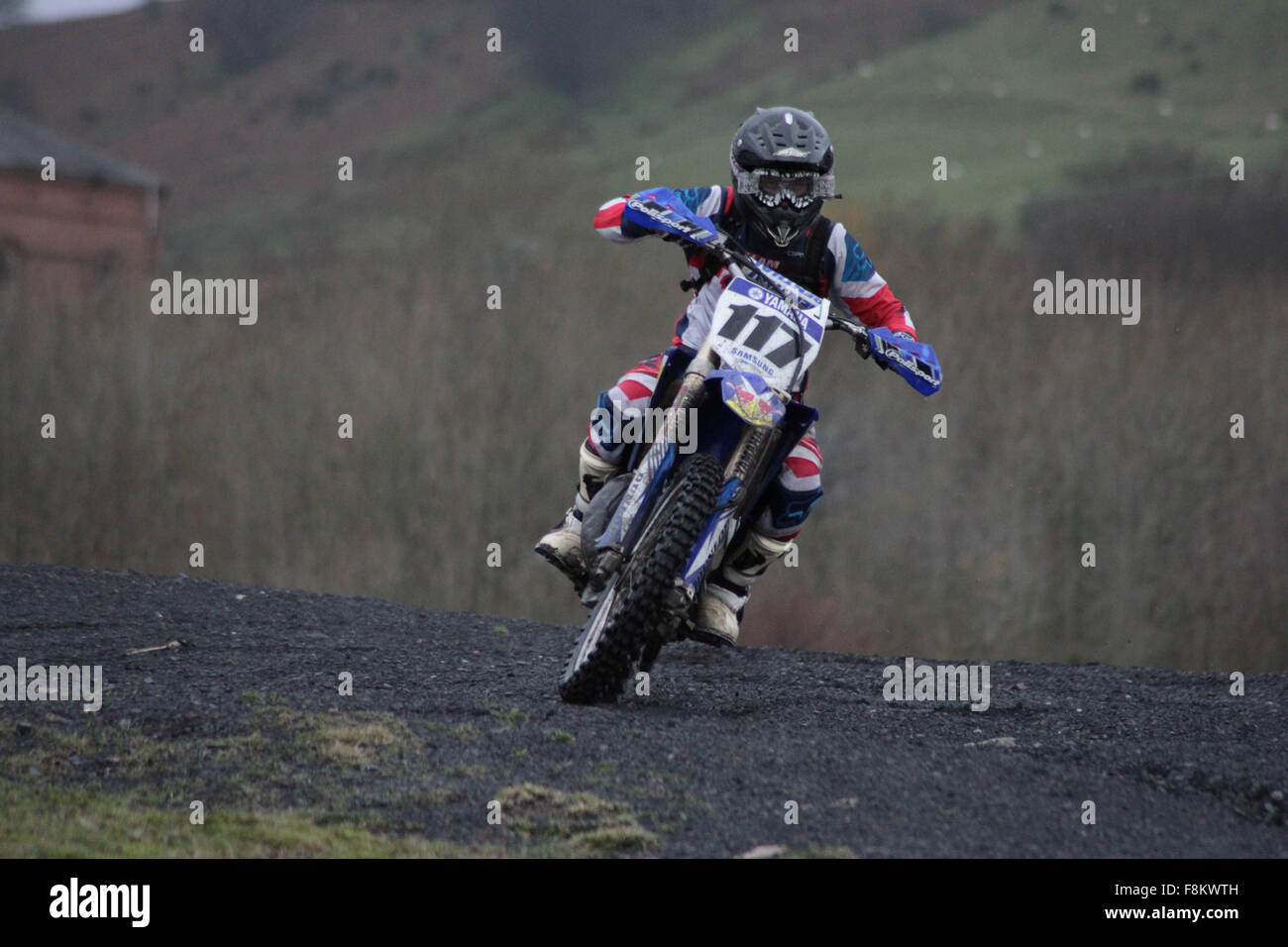 PONTYPOOL, UNITED KINGDOM. 5th December 2015. Motocross rider Lloyd Rees, rides for the first time after Weston Beach Race up Po Stock Photo