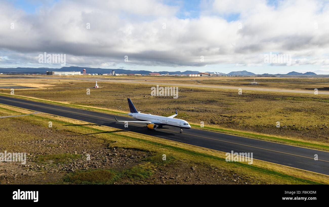 Aircraft on standby on airport runway, Keflavik, Iceland Stock Photo ...