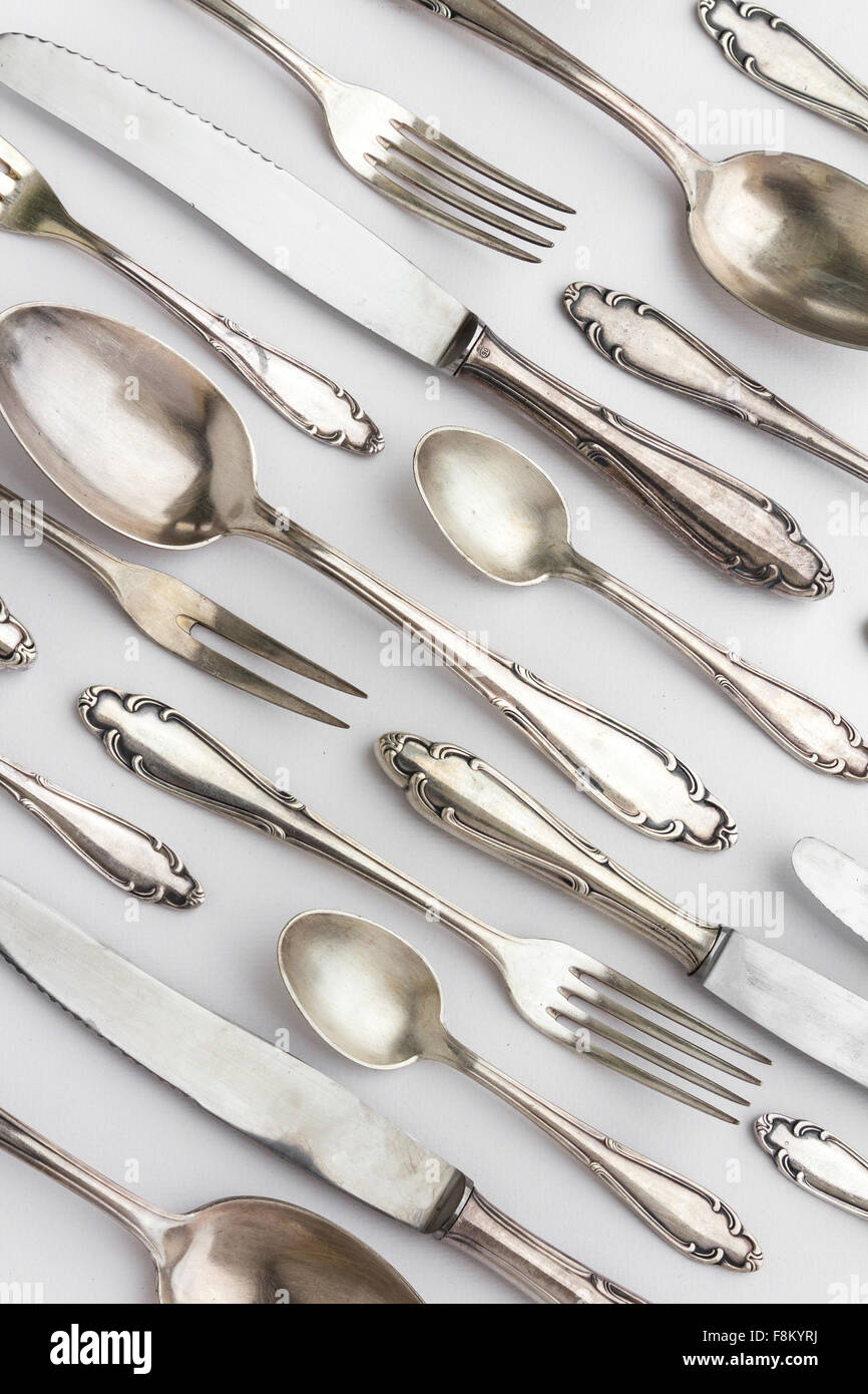 old fancy cutlery - setrling silver flatware pattern Stock Photo