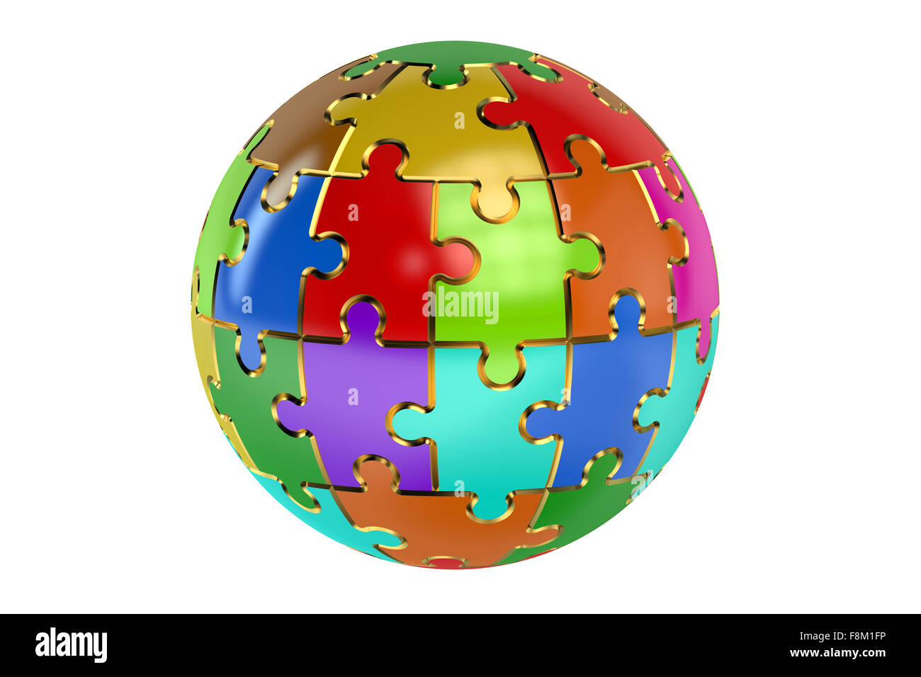 3d rendering of a golden spherical puzzle with one piece disconnected.  Isolated on white background Stock Photo - Alamy