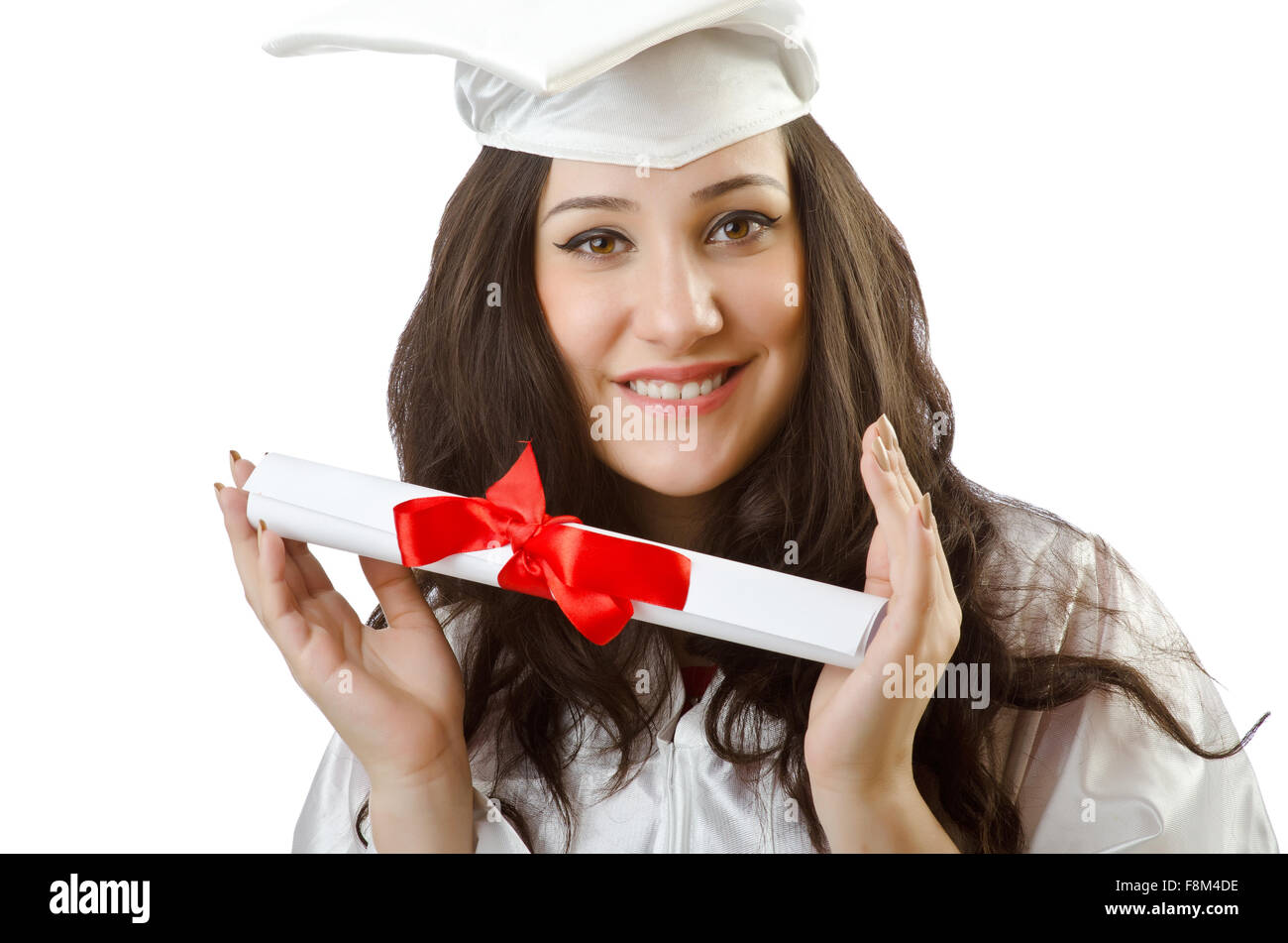 Happy student celebrating graduation on white Stock Photo - Alamy