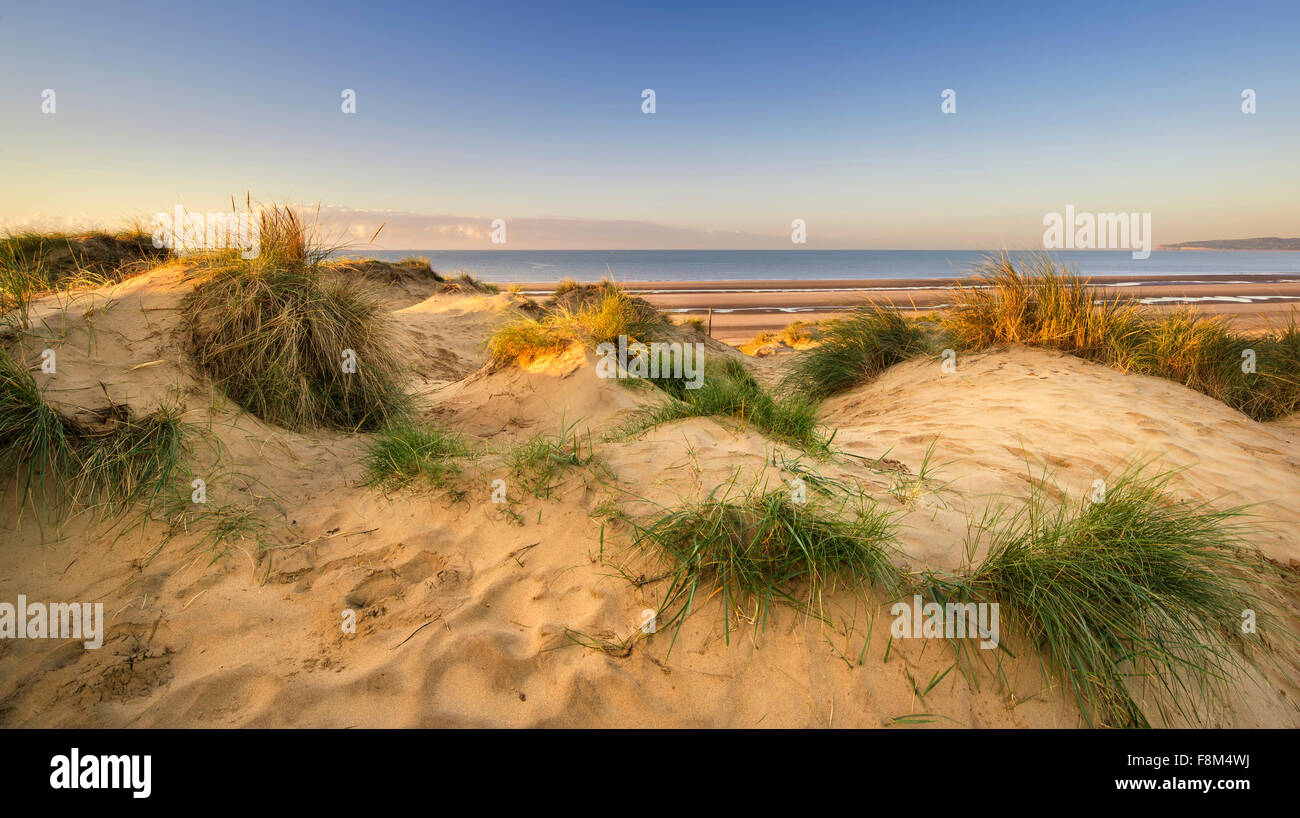 Stunning sunrise over sand dunes system on yellow sand golden beach Stock Photo