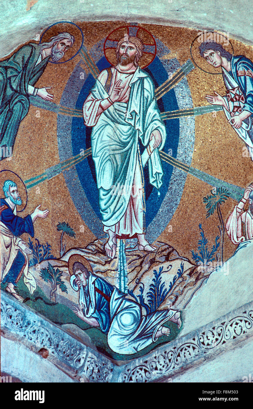 Transfiguration Byzantine Mosaic (c11th) in the Main Byzantine Church (Katholicon or Catholicon) of Daphni Monastery or Dafni Monastery (1080) in the Athenian suburb of Chaidari Athens Greece Stock Photo