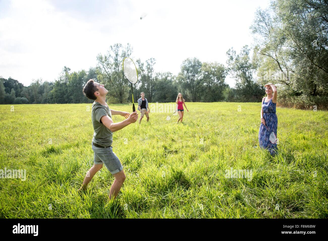 Group of young adults playing badminton in field Stock Photo Alamy
