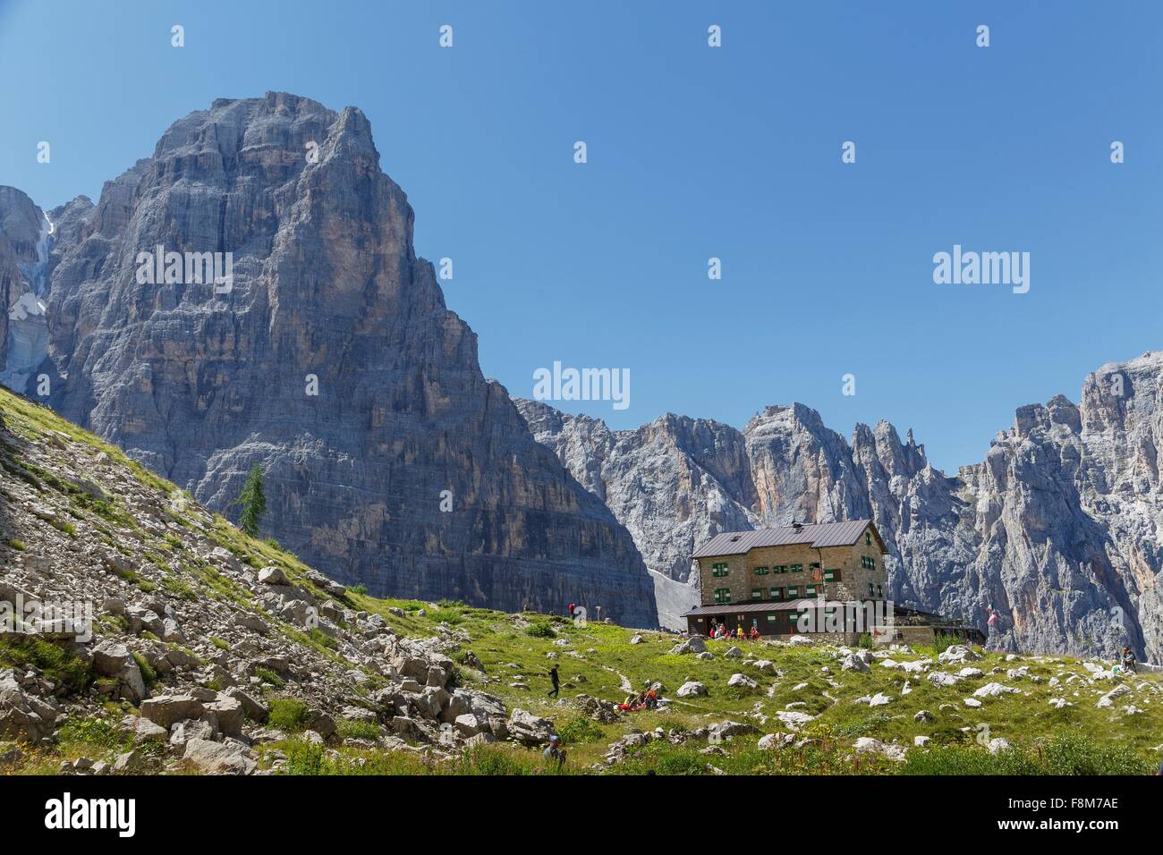 Low angle view of mountain hut, Dolomites, Trentino Alto Adige, Italy Stock Photo