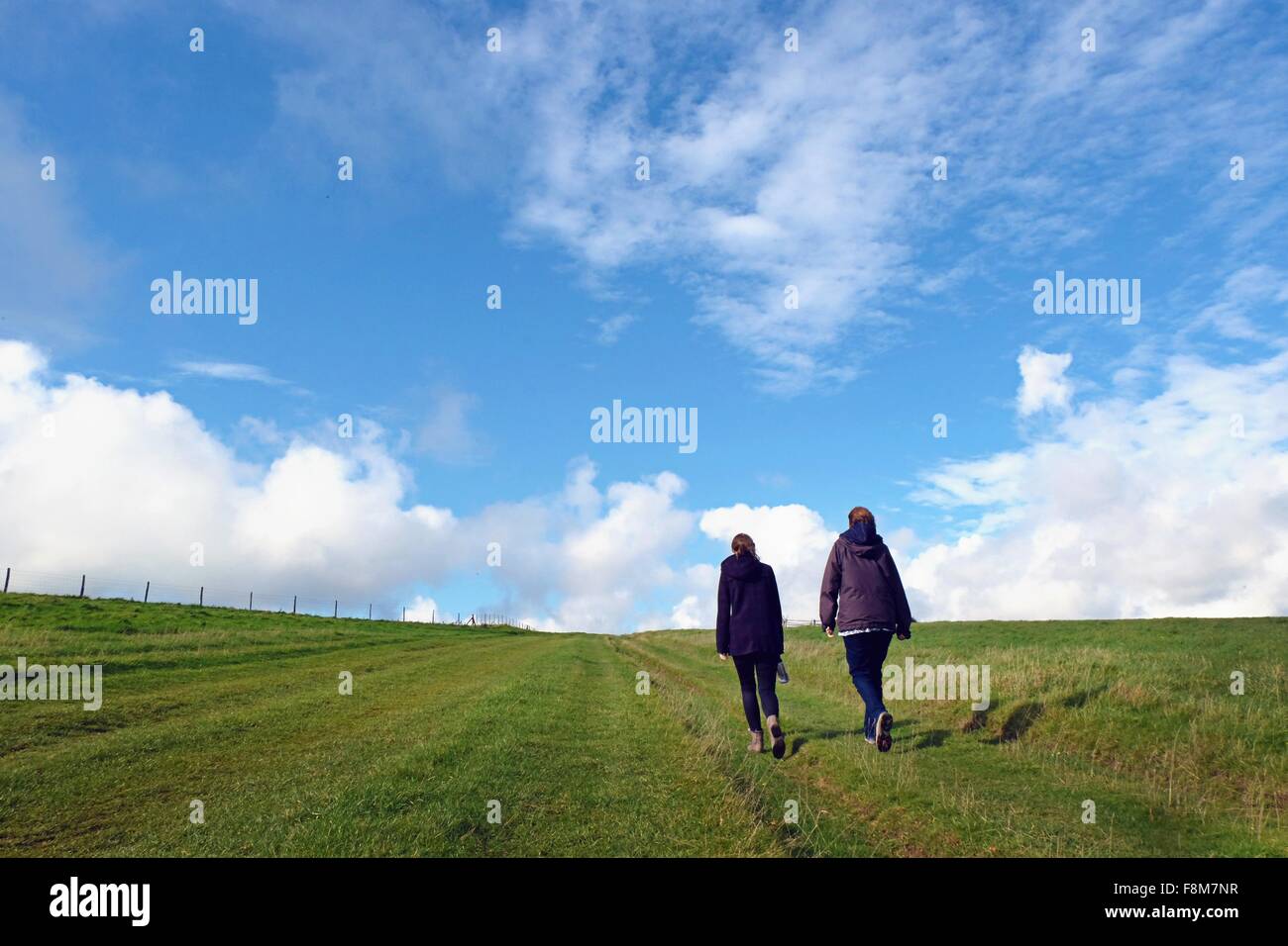 Mother and daughter walking in field, rear view, South Downs, East Sussex, UK Stock Photo