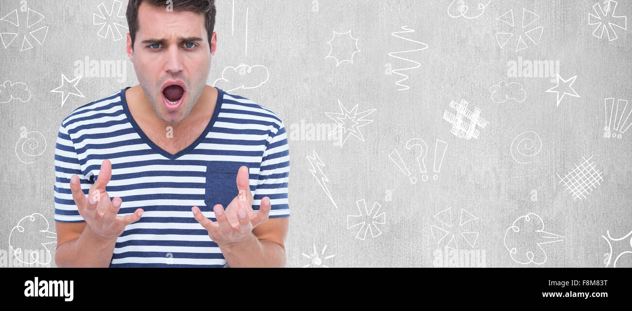 Composite image of astonished man gesturing over white background Stock Photo