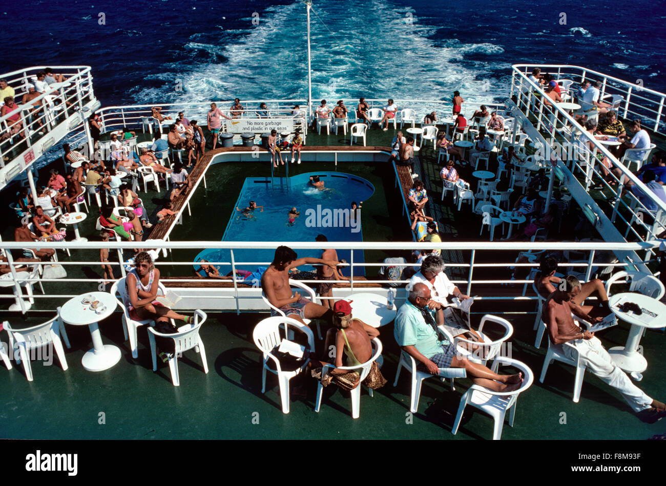 Passengers and Tourists on Board the Patras to Ancona Ferry Boat between Greece and Italy Stock Photo
