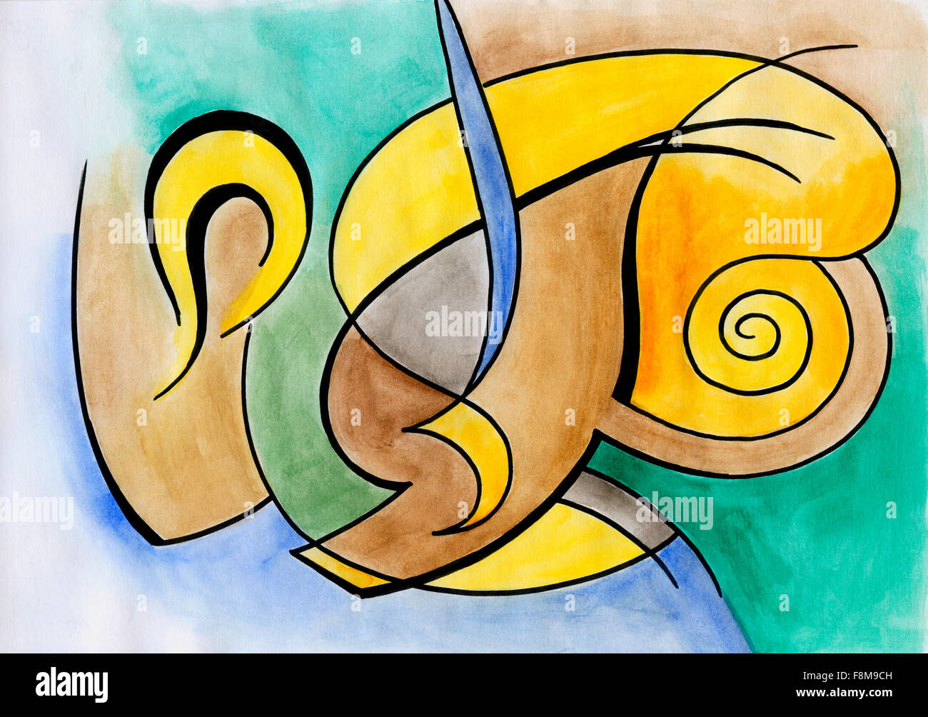 Abstract artwork with different shapes and lines. Handmade illustration executed in modern abstract style. Stock Photo