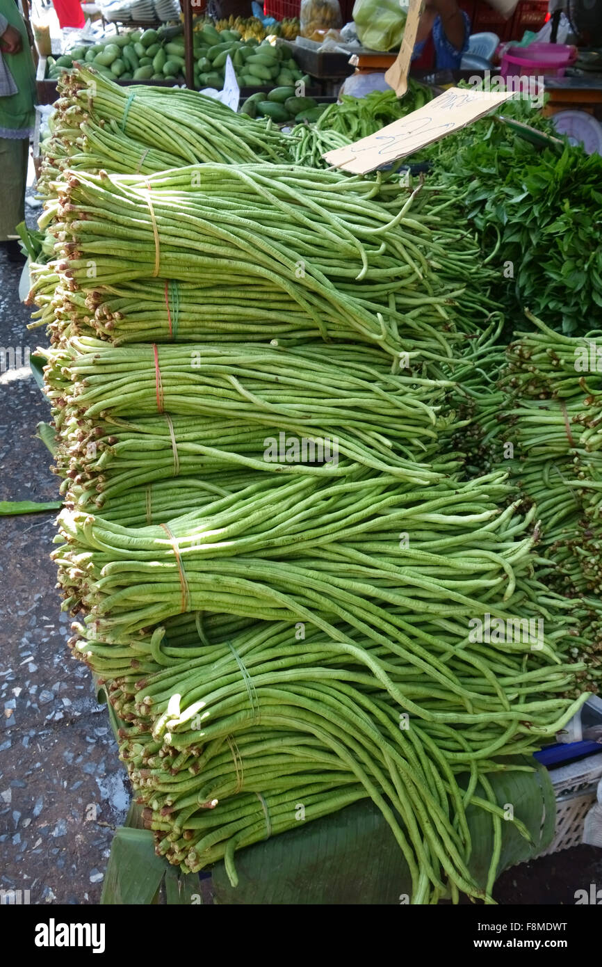 Chinese long bean or yardlong bean produce in a Bangkok covered market in Thailand, February Stock Photo