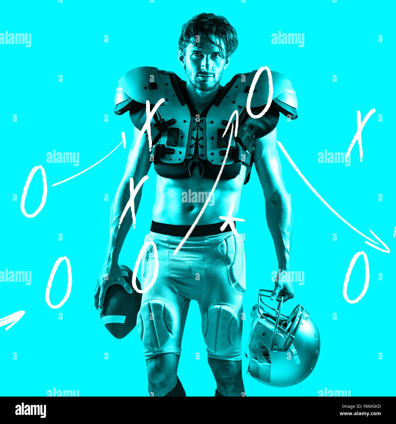 Composite image of shirtless american football player with padding