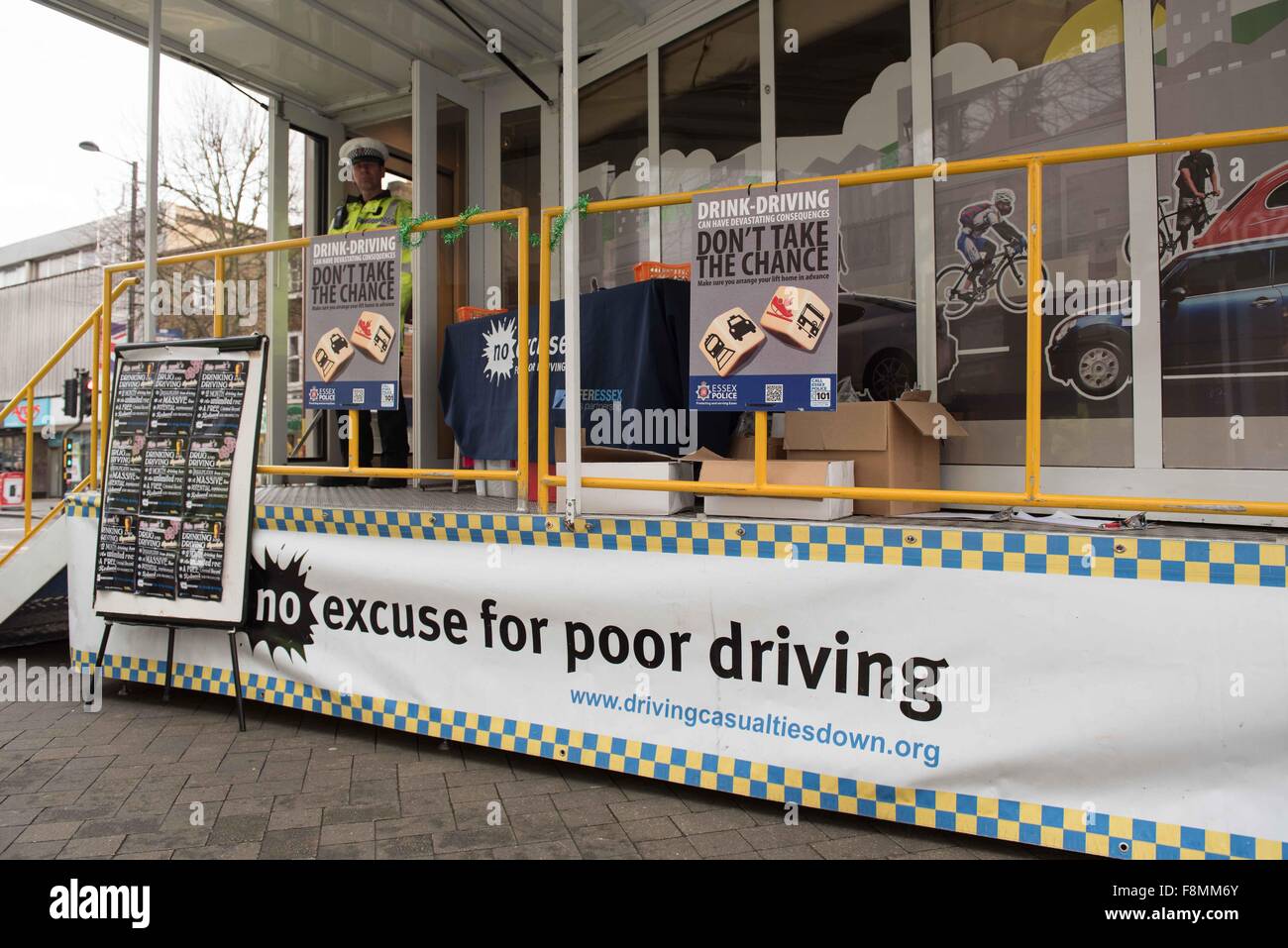 Brentwood, Essex, UK. 10th December, 2015. Essex safer Roads partnership were in Brentwood High Street raising awareness of drink and drug Driving with representatives from Police Fire and Brentwood Council Credit:  Ian Davidson/Alamy Live News Stock Photo
