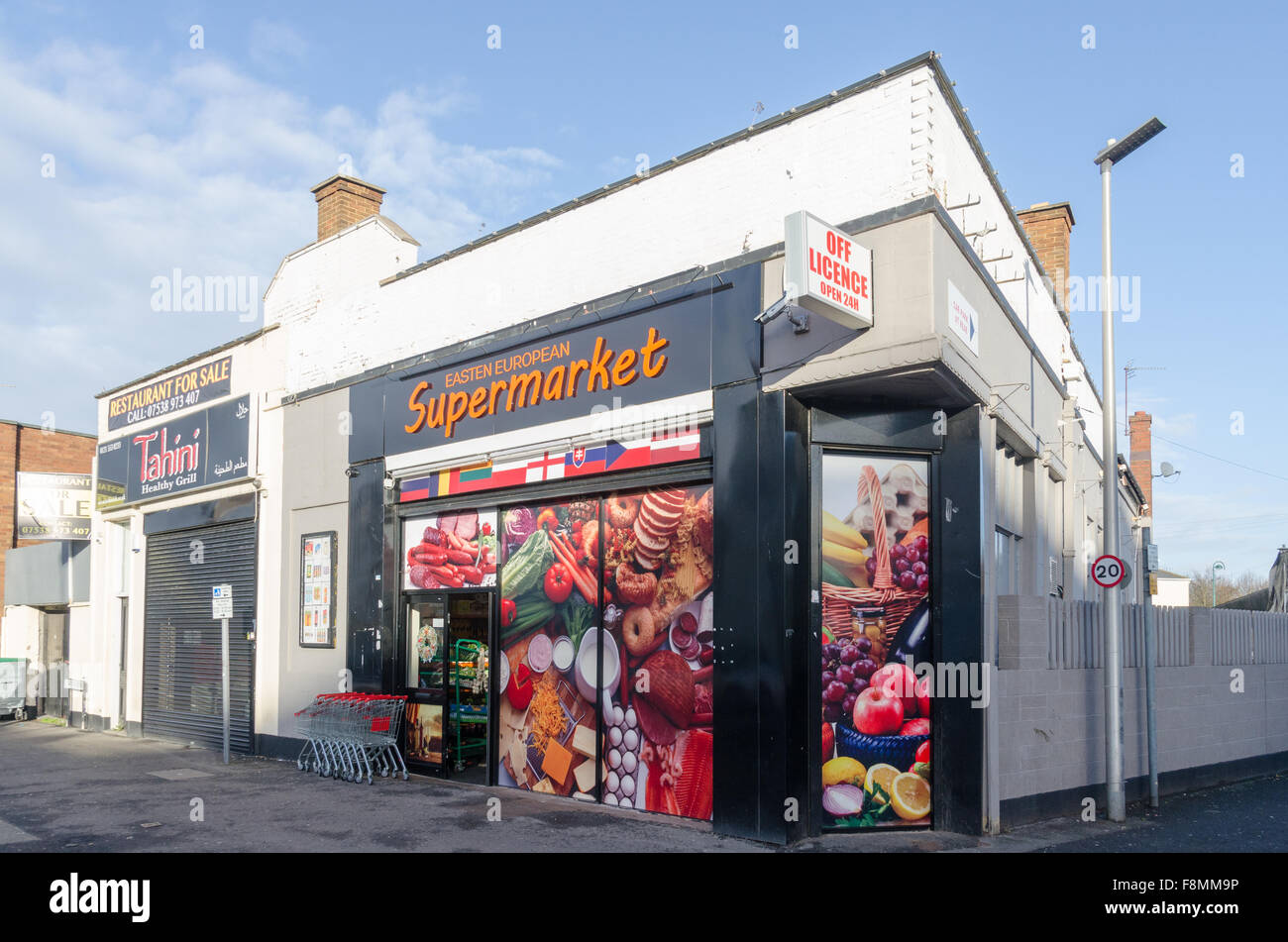 Colourful Eastern European Supermarket shop front in West Bromwich, West Midlands Stock Photo