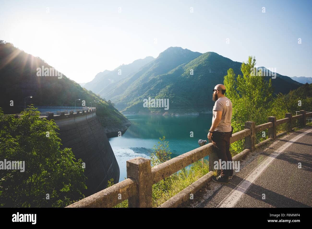 Man enjoying view of Lake Garda, Italy Stock Photo