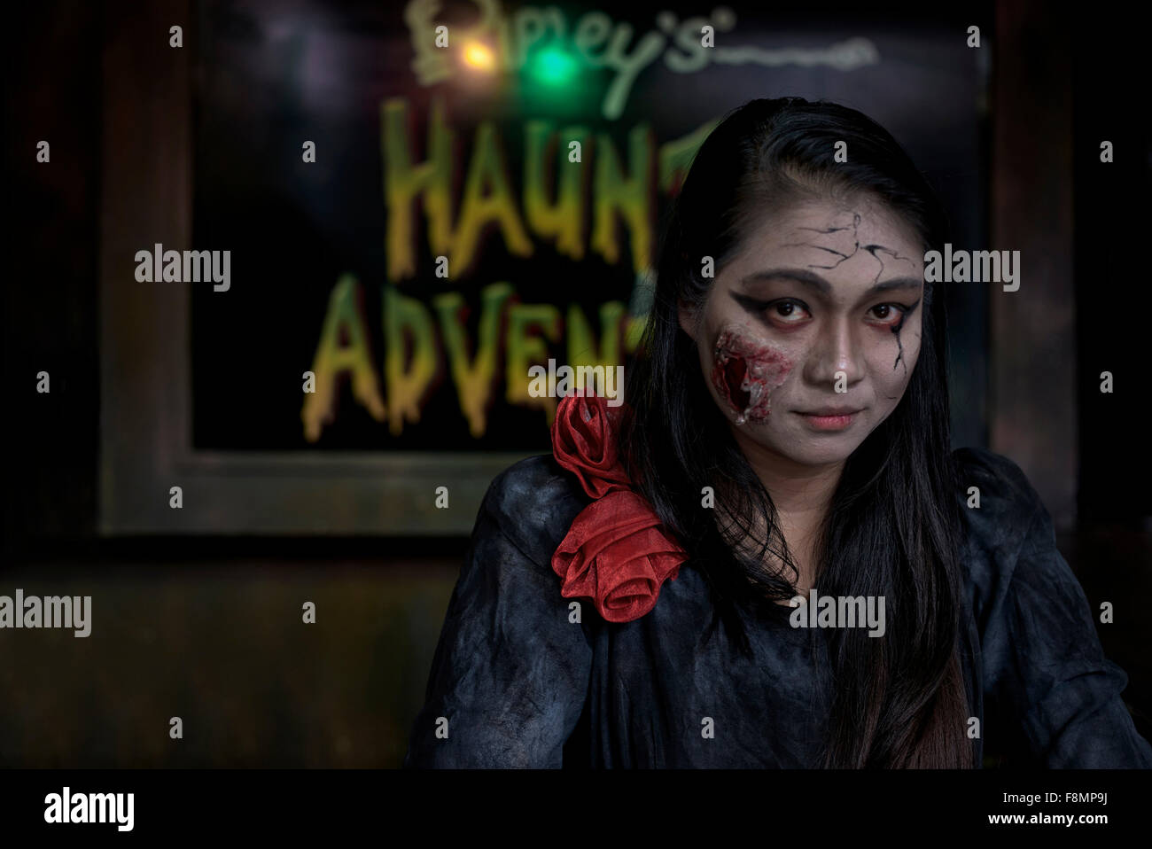 Zombie female. Staff member at Ripley's Believe it or Not horror show. Pattaya Thailand. Stock Photo